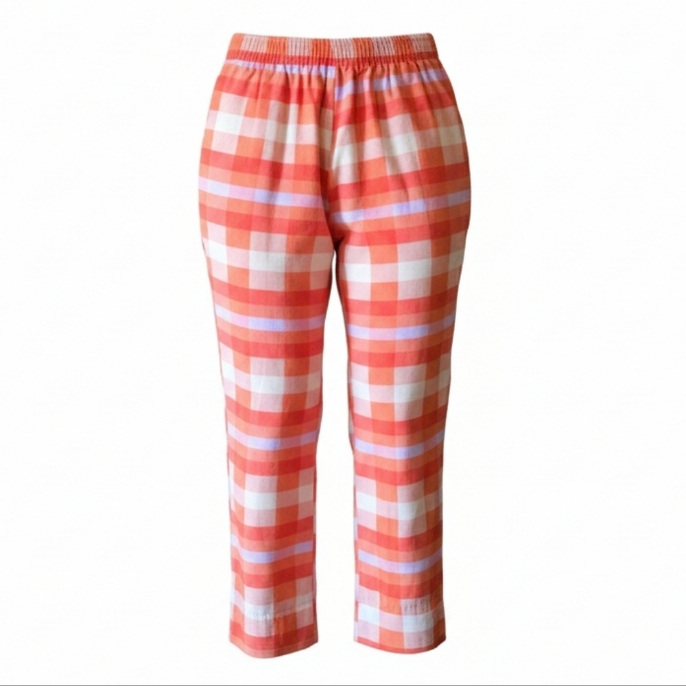 Farm Rio Orange Pink & Cream Gingham Plaid Light Cropped Pants Size Small